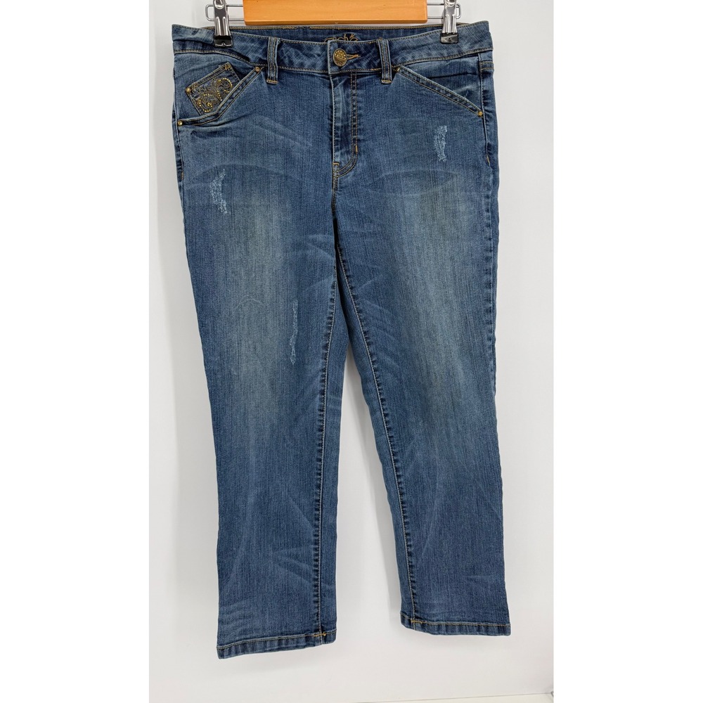 Cache‎ Womens Sz 8 Blue Denim Capri Jeans Embroidered Rhinestone Medium Wash